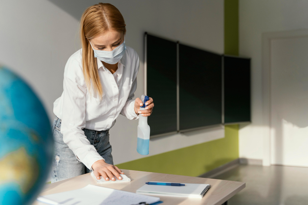 A Dazzle staff member cleaning a desk