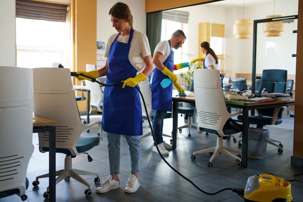 Staff at dazzle cleaing on open office interior
