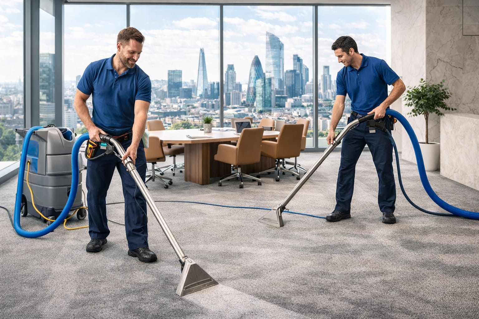 Staff carpet cleaning with central london in the background