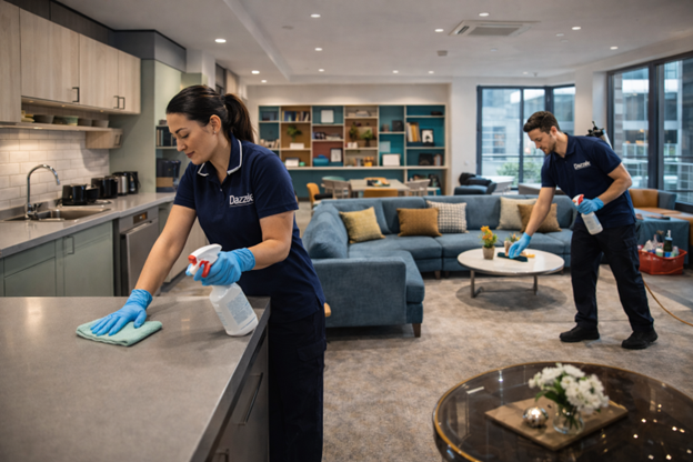 Dazzle staff cleaning a communal lounge