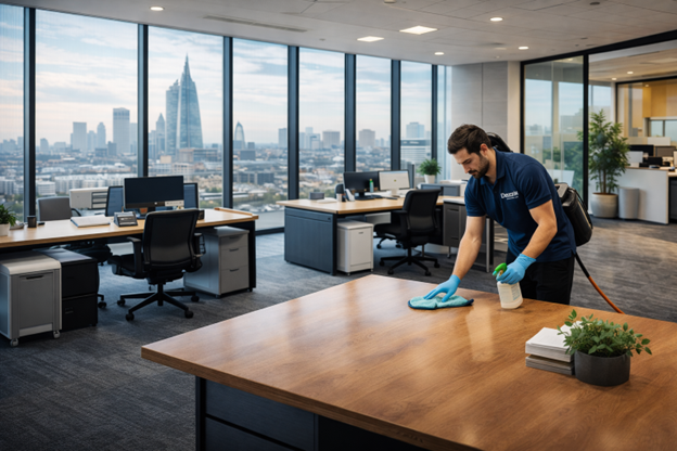 A dazzle staff member cleaning a table in a central london office