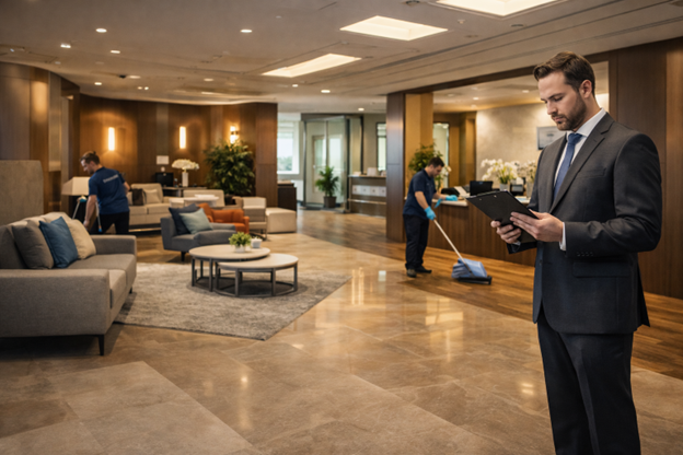 Dazzle staff cleaning entrance to luxury offices