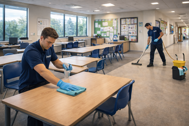 Dazzle staff members cleaning a school