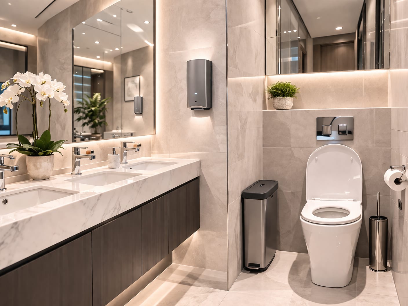 A modern well designed restroom with toilet and sink