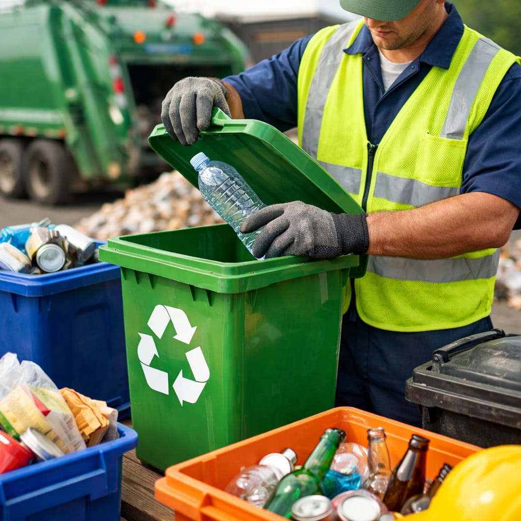 A man looking after recycling bins