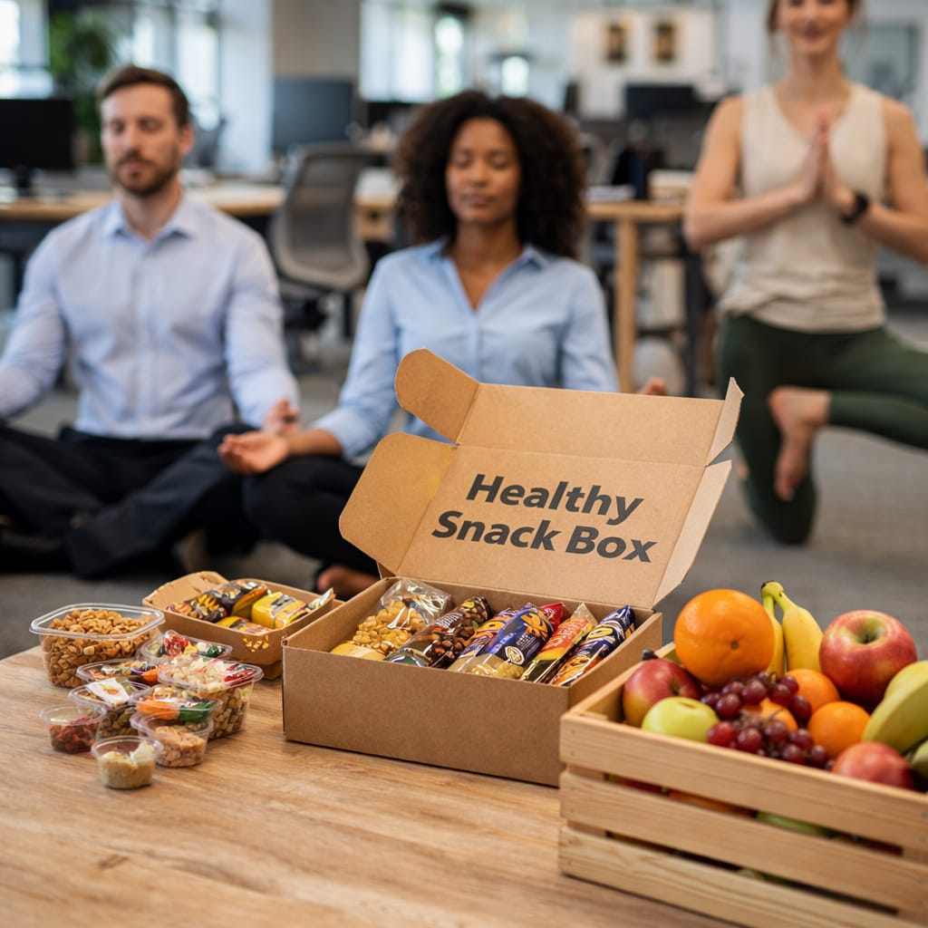 Healthy foods on a desk in a workplace