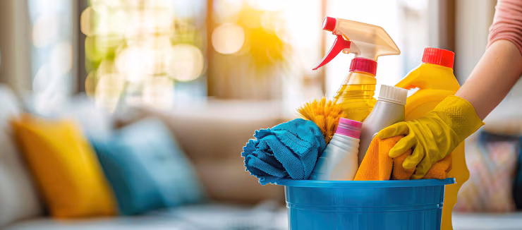 Cleaning products in a bucket