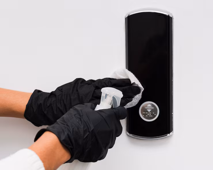 a person disinfecting a door bell