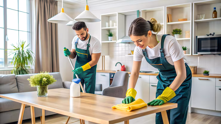 Two dazzle staff members cleaning a canteen