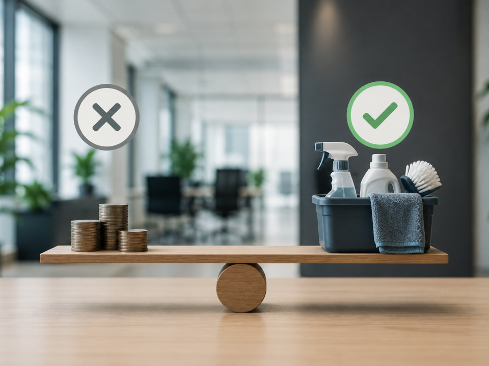 Commercial cleaning companies London concept showing a balance between low cost and professional cleaning value. Stacks of coins marked with an "X" are contrasted with quality cleaning supplies marked with a green check in a modern office setting, illustrating that the cheapest option is not always the best value.